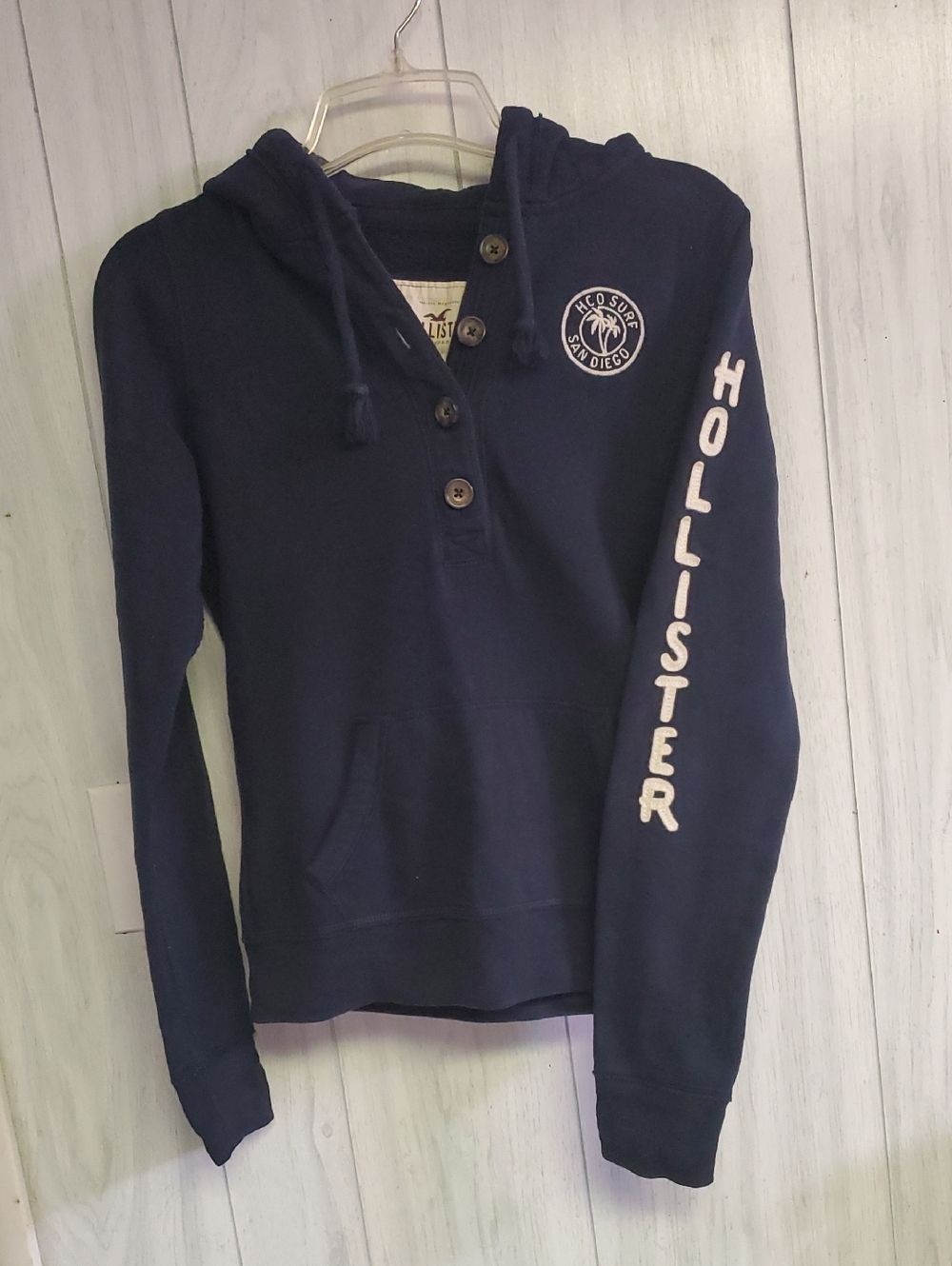 Hollister Navy Hooded Henley with Sleeve Logo